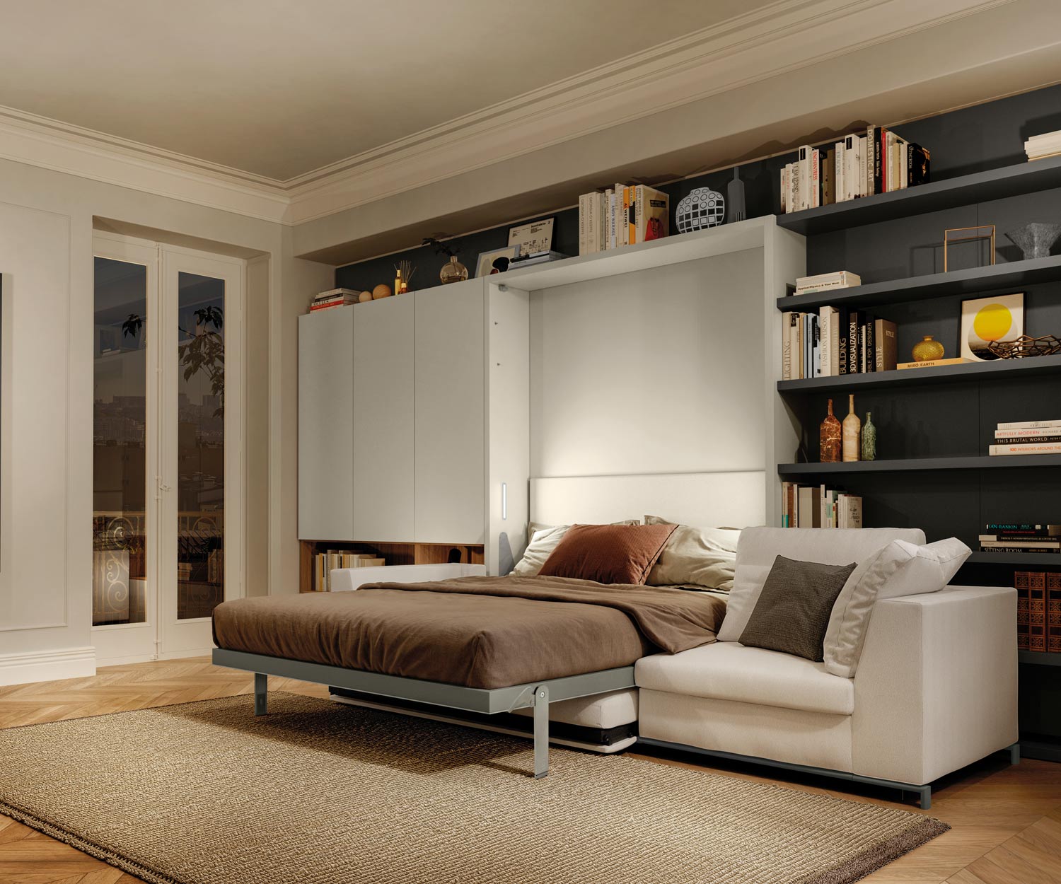 Wohnwand Moebel mit Gaestebett im Wohnzimmer und 3 sitzer Sofa